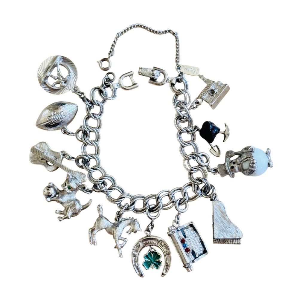 VTG Monet‎ Charm Loaded Bracelet Dangle 11 Charms Horse Cat Piano Horseshoe Ball